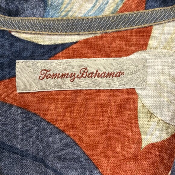 Tommy Bahama Hawaiian Silk Shirt Mens XXL Hibiscus Curved Hem Cream Blue Brown - Picture 2 of 7